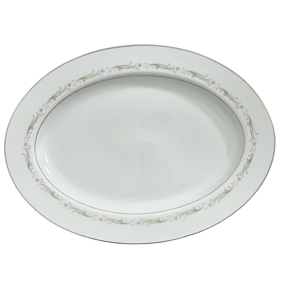 Vintage Larchmont Fine China 8091 Japan Oval Serving Platter Floral Silver 14"